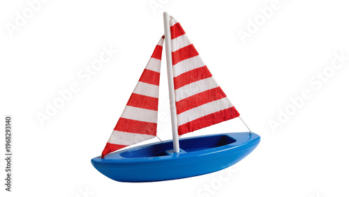 Bright blue toy sailboat with red and white striped fabric sail, isolated on transparent background for nautical themed designs