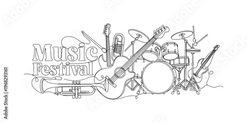 Old Concert Poster. Minimalistic one-line drawing retro musical instrument and typography layout, continuous single black line on white background, simple