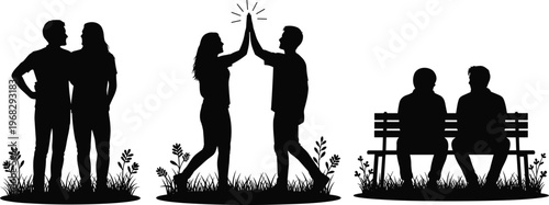 Couple silhouettes set, love and friendship concept, people talking high five and sitting bench, romantic relationship, black shadow illustration, outdoor scene