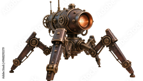 Obraz na plátně Intricate steampunk robotic spider with brass gears copper pipes and glowing ora