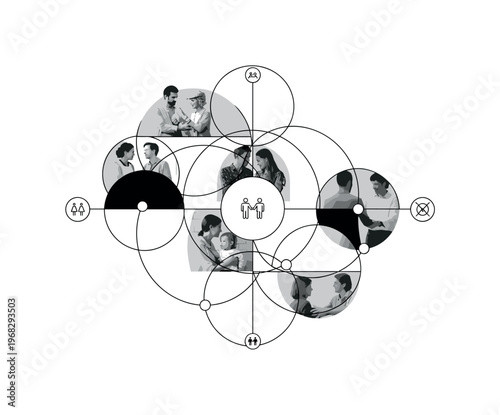 support network geometric rings semicircles and minimal network icons vintage black and white friends or family connecting to provide emotional support during