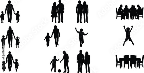 Family and people silhouettes set, parents with children, social interaction scenes, daily life activities, black shadow figures, relationship, community concept