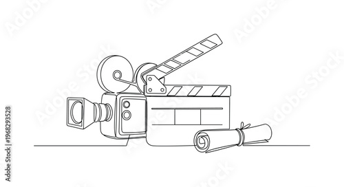 Clapperboard Scene. Minimalistic one-line drawing clapperboard with camera and script nearby, continuous single black line on white background, simple outline