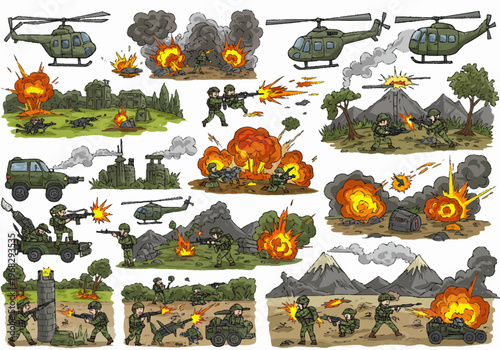 Soldiers engage in combat with helicopters and tanks amidst explosions in a war-torn mountainous terrain with trees and smoke.