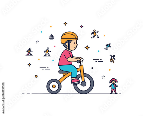 Tricycle ride learning balance scene where a toddler pedals with focused expression while tiny sparkle and line icons highlight skill development, movement,