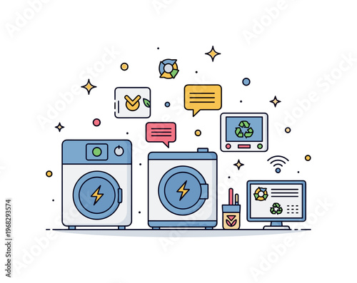 Smart grids household energy optimization scene where smart appliances and monitoring devices communicate while small sparkle and line icons