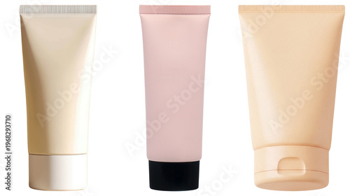 A trio of elegant cosmetic cream tubes in different pastel shades, perfect for skincare, beauty.