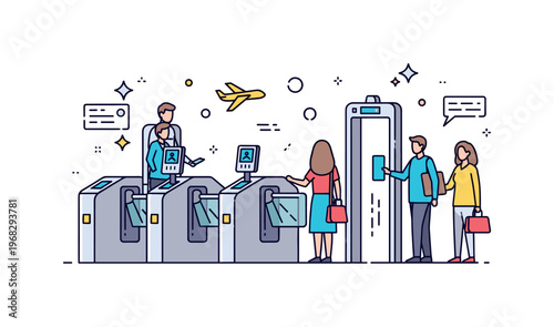 Air travel technology boarding process tech scene where digital gates and scanning devices assist passengers while small sparkle and line icons emphasize