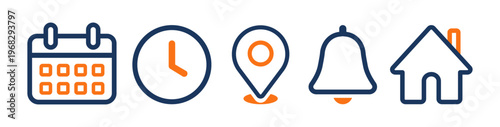 Calendar, clock, home, bell, and location pin outline icon set. Navy blue and orange line vector symbol for time, date, address, and alerts for agenda, event, reminder, appointment, business schedules