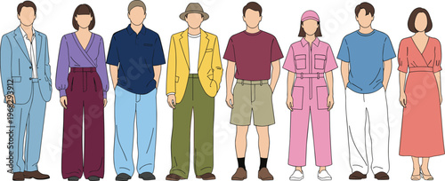 Diverse people standing illustration, casual modern fashion group, men and women characters, lifestyle concept, colorful flat design, urban style, variety