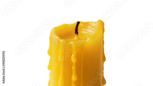 Photos Melted golden candle with dripping wax showcasing a partially burned wick, isola