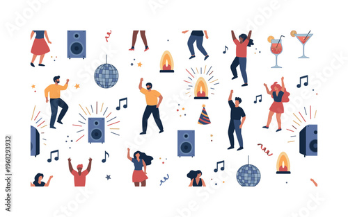 revelry motifs seamless pattern, repeating pattern, surface design, textile print, modern illustration of club-goers, dancing people, cocktails, disco balls,