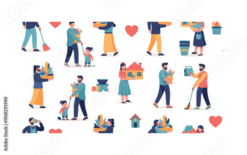 togetherness patterns seamless pattern, repeating pattern, surface design, textile print, modern illustration of family members supporting each other, carrying