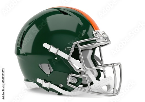 Green and orange american football helmet isolated on white background