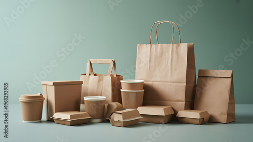 Eco-Friendly Packaging Arrangement: An assortment of sustainable packaging options made from recycled paper arranged to showcase commitment to environmentally friendly practices. 