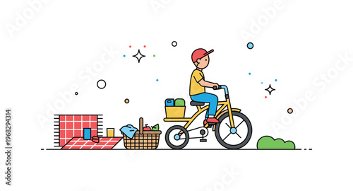 Tricycle ride picnic outing scene where a child rides past picnic blankets and baskets while small sparkle and star icons emphasize outdoor leisure, energy,