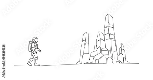 Interstellar Relic Hunt. Minimalistic one-line drawing astronaut walking near alien stone structures, continuous single black line on white background, simple