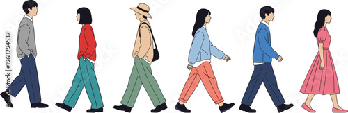 People walking side view illustration, casual modern characters, urban lifestyle concept, diverse men and women, everyday activity, flat design, fashion style