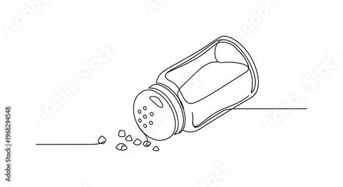 Fallen Shaker. Minimalistic one-line drawing salt shaker on side with grains around, continuous single black line on white background, simple outline style, no