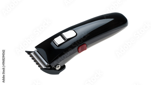 Sleek black electric hair clipper with silver blade and red power button, isolated on transparent background for barber shop promotions