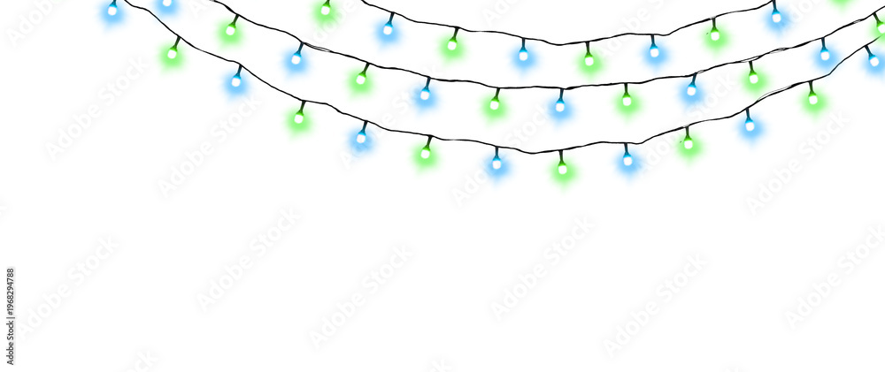 Fototapeta premium Colorful blue and green string lights on white background for decoration and ambiance