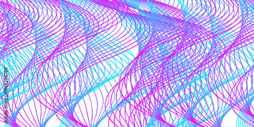 A vibrant abstract background features a seamless digital illustration of colorful lines and purple waves with pink floral ornaments and blue circular patterns for a modern wallpaper design