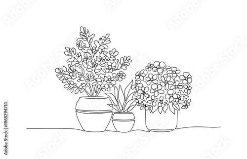 Floral Arrangement. Minimalistic one-line drawing potted plants with blooming flowers for home interior, continuous single black line on white background,