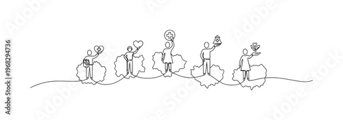 Global Charity. Minimalistic one-line drawing people connecting across countries with aid symbols, continuous single black line on white background, simple