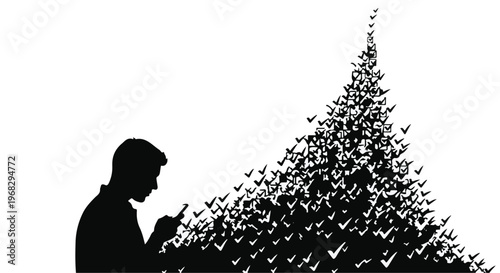 man silhouette looking at smartphone with birds flying up