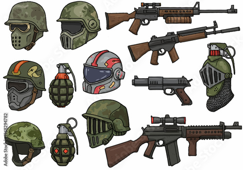 Military helmets and guns are displayed in a neat row arrangement for reference