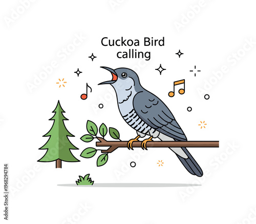 Cuckoo bird calling concept where a cuckoo bird opens its beak on a branch while tiny sparkle and music note icons highlight song, natural rhythm, and forest