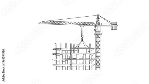 Building Crane Scene. Minimalistic one-line drawing crane working on building structure with hook raised, continuous single black line on white background,