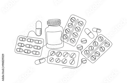 Pharmaceuticals. Minimalistic one-line drawing assortment of capsules, tablets, and blister packs, continuous single black line on white background, simple