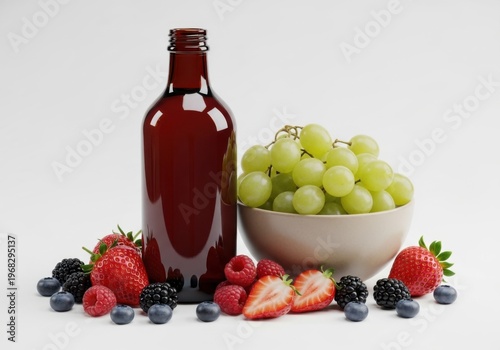 Bottle of fruit juice with fresh berries and grapes isolated on white background
