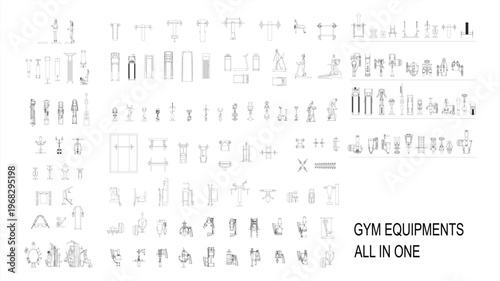 Gym equipment, technical CAD line art vector of multiple all-in-one fitness machines on white background