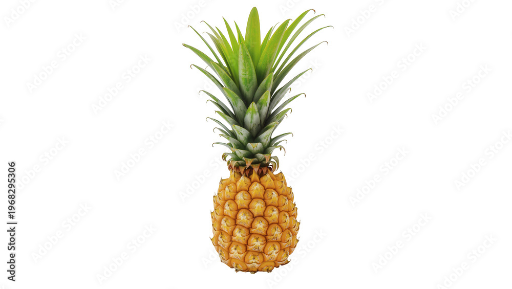 Fototapeta premium Ripe golden pineapple fruit with vibrant green spiky crown, isolated on transparent background for tropical food advertising and recipes