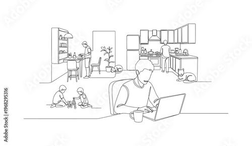 Home Office Family. Minimalistic one-line drawing individual working on desk with family activities in background, continuous single black line on white