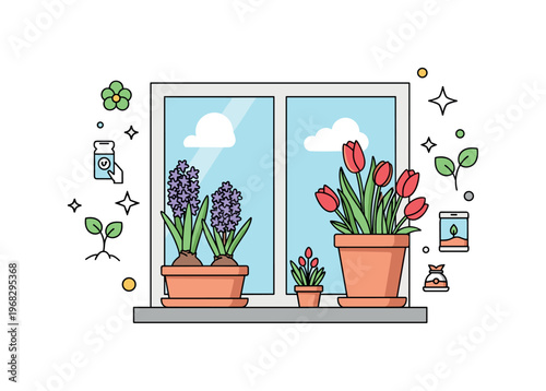 Spring flowers potted plant scene where blooming flowers like hyacinths and tulips sit on a windowsill while small sparkle and line icons emphasize care,