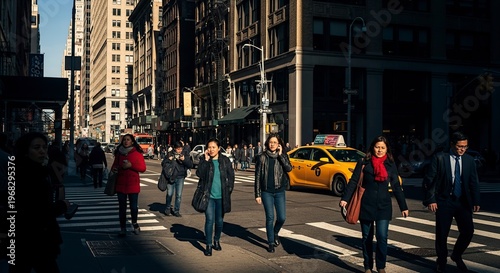 City street scene with pedestrians and a taxi cab in the sunlight.