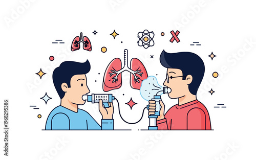 Lungs breathing air lung capacity measurement scene where a person uses a spirometer while small sparkle and line icons emphasize health, function, and