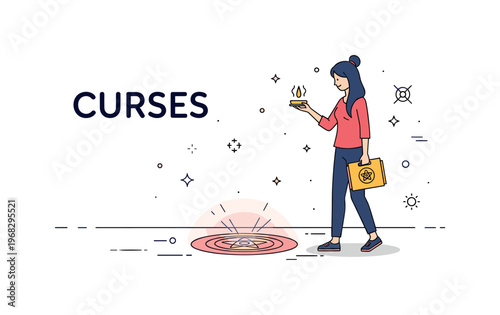 Curses ancient magical seal concept where a glowing sigil appears on the floor while tiny sparkle and line icons highlight enchantment, secrecy, and mystical