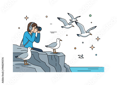 Seagulls coastal cliff landing scene where birds gracefully descend onto rocky ledges while small sparkle and star icons emphasize precision, natural beauty,