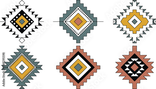 Set of Six Geometric Native American Style Vector Diamond Symbols with Tribal Ethnic Patterns and Earth Tone Colors Isolated on White Background
