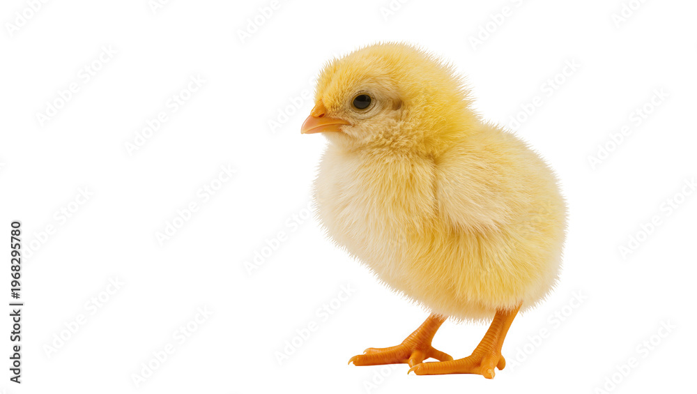 Fototapeta premium Fluffy yellow baby chick with soft downy feathers and tiny orange feet, isolated on transparent background for springtime designs