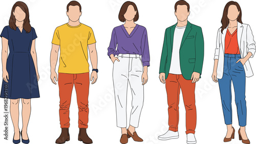 Casual people standing illustration, modern men and women outfits, lifestyle characters, urban fashion concept, colorful flat design, everyday style