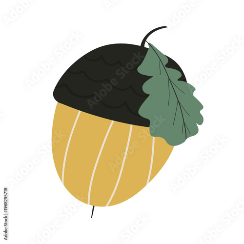 Stylized yellow acorn with a green oak leaf, simple flat vector illustration of autumn forest fruit isolated on white