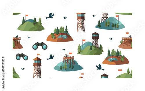 watchtower landscape seamless pattern, repeating pattern, surface design, textile print, modern illustration of hills, forests, observation decks, watchtowers,