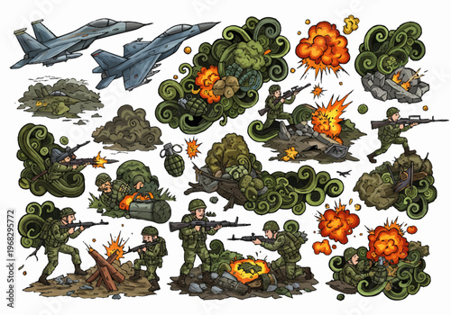 Soldiers engage in combat with tanks and planes amidst explosions in war zone