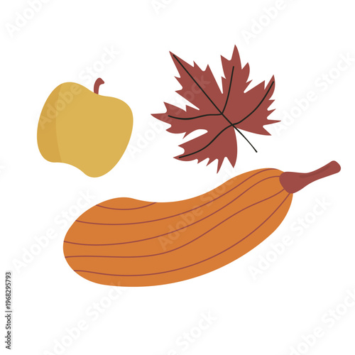 Autumn harvest set with yellow apple, orange butternut squash and red maple leaf, flat vector illustration isolated on white, perfect for seasonal greeting cards, cozy social media posts, stickers