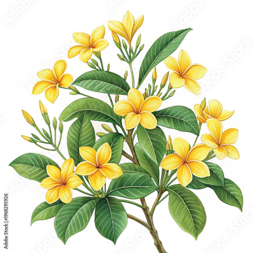A bouquet of yellow flowers isolated on a white background with green leaves in a simple floral design